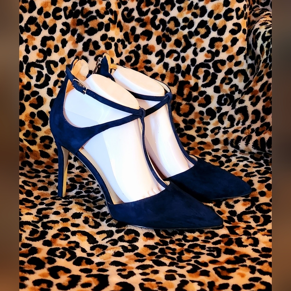 Nine West Teresa T-Strap Pumps in Navy Suede - Picture 2 of 16